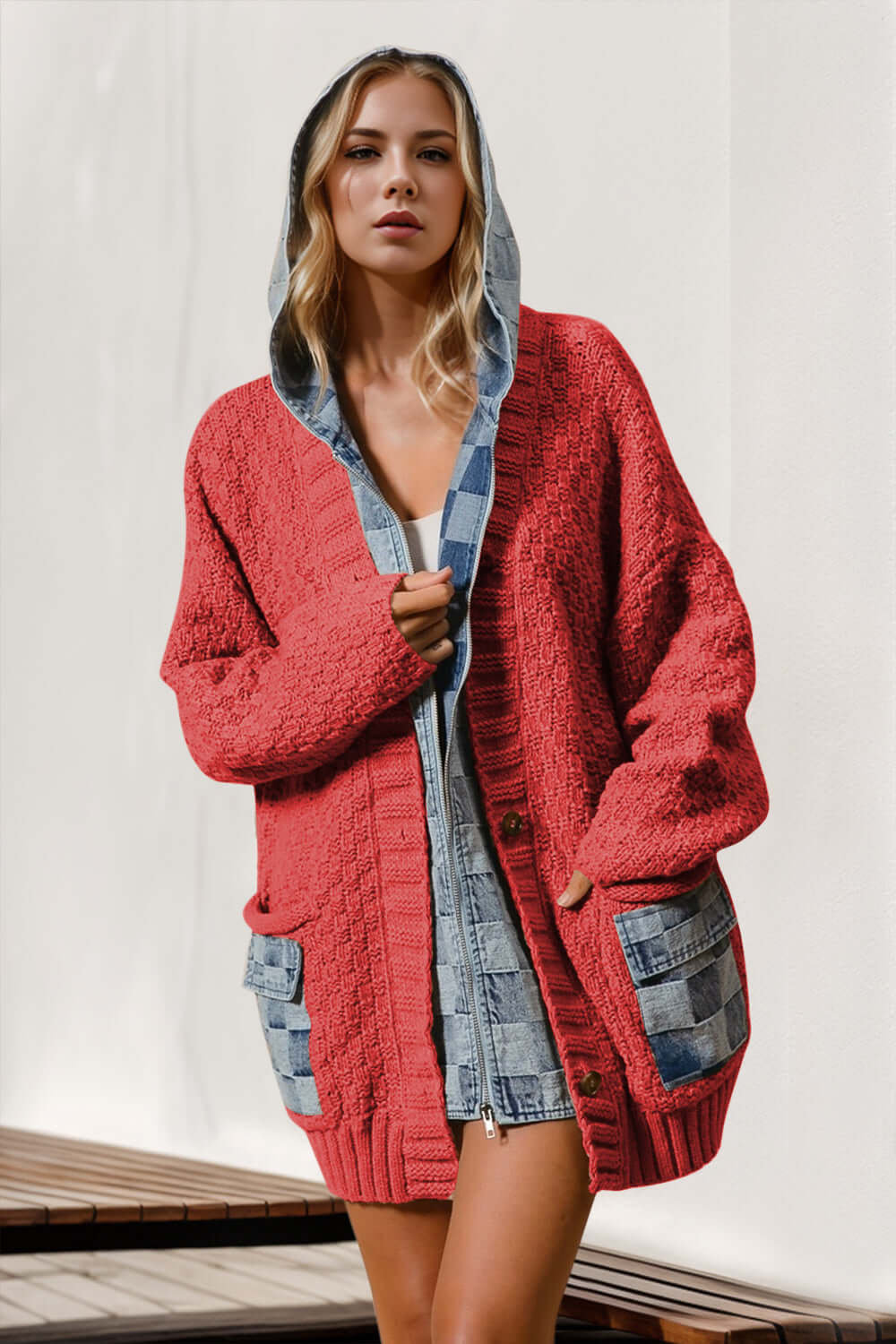 Model wearing a coral hooded denim spliced cardigan with pockets and a cozy knit design.