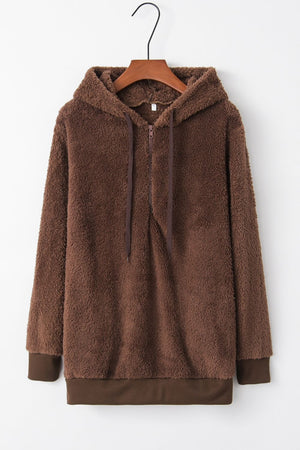 Full size quarter-zip drawstring teddy hoodie in soft brown with pocket, perfect for cozy wear.