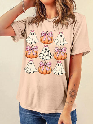 Women's Halloween graphic t-shirt featuring cute ghosts and pumpkins with bows, perfect for spooky season.