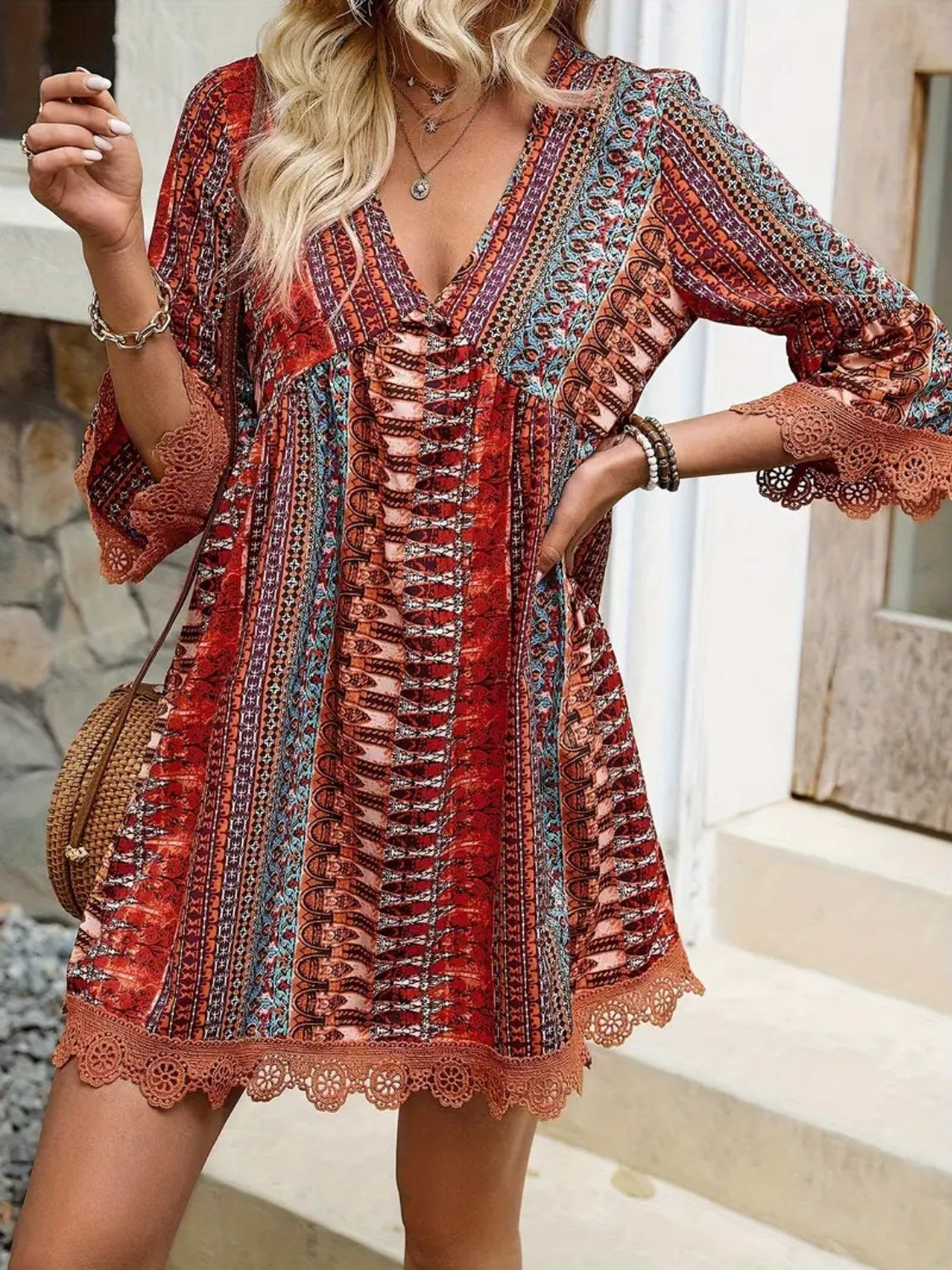 Lace trim printed V-neck 3/4 sleeve dress in vibrant hues, perfect for summer outings and casual events.