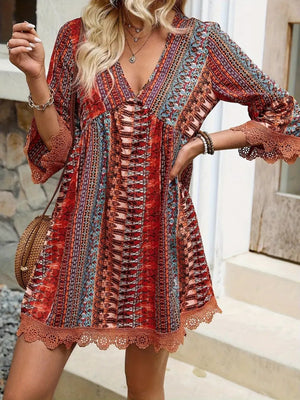 Lace trim printed V-neck 3/4 sleeve dress in vibrant hues, perfect for summer outings and casual events.