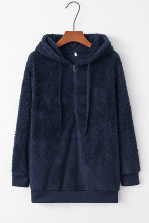 Full size quarter-zip drawstring teddy hoodie in navy, featuring a soft texture and cozy design, perfect for chilly days.
