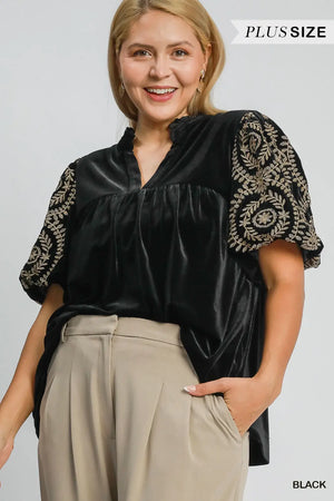 Umgee plus size black velvet blouse with embroidered sleeves for a chic and elegant look.