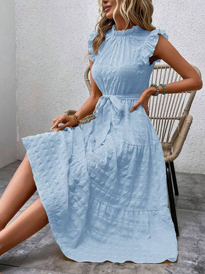 Light blue tied ruffled cap sleeve midi dress, perfect for casual outings and summer events.
