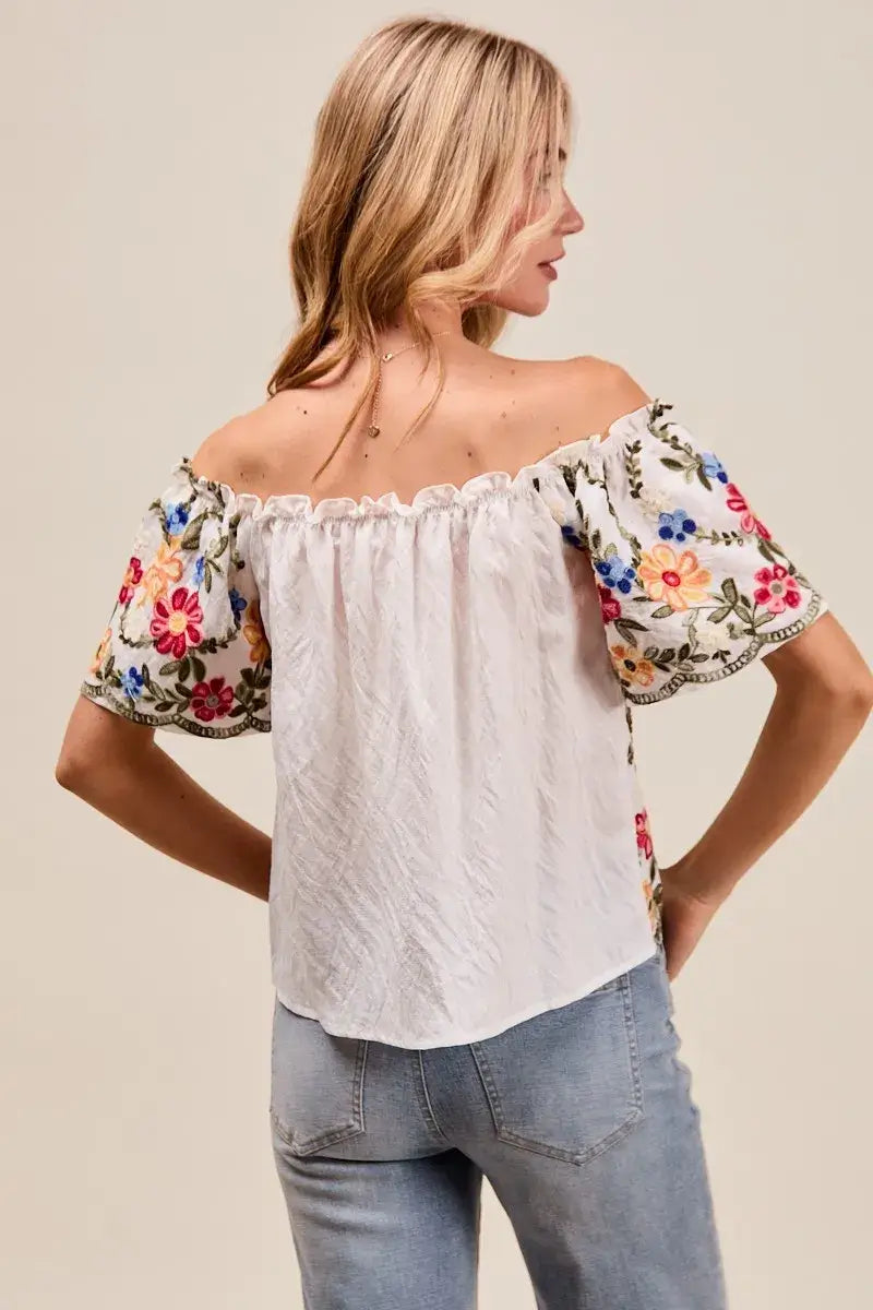 Back view of SO ME Floral Embroidered Two Way Off The Shoulder Blouse with colorful floral embroidery on sleeves.