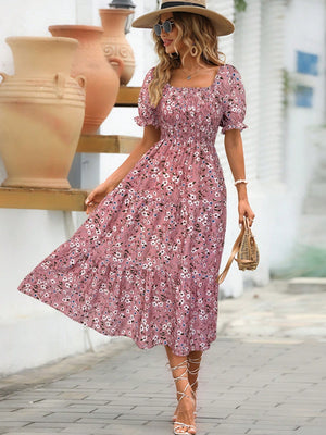 Floral square neck tiered dress with short sleeves, perfect for summer styling, featuring a beautiful flower pattern.