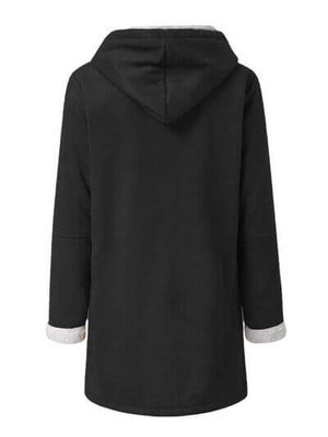 Back view of a full size pocketed long sleeve hooded toggle jacket in black.