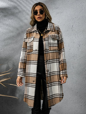 Chic plaid collared coat featuring long sleeves, button-up front, and pockets, perfect for fall layering.