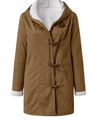 Full size pocketed long sleeve hooded toggle jacket in brown, featuring button details and a cozy fleece lining.