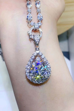 10 carat moissanite teardrop pendant necklace, platinum-plated, showcasing stunning sparkle and elegant design.