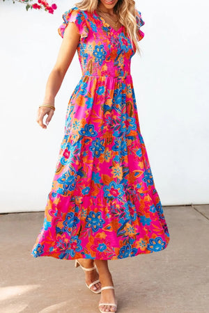 Boho floral V neck ruffle tiered dress in vibrant pink and blue, perfect for summer outings.