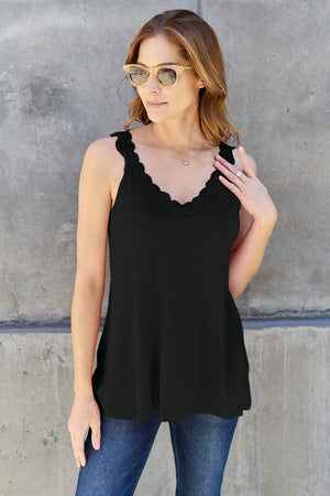 Basic Bae black lace detail V-neck cami top worn with jeans and sunglasses, perfect for casual summer styling.