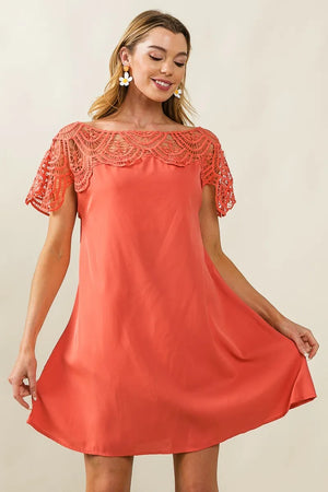 BiBi Crochet Lace Yoke Detailed Wrinkled Dress in coral, featuring intricate lace detailing and a relaxed silhouette.