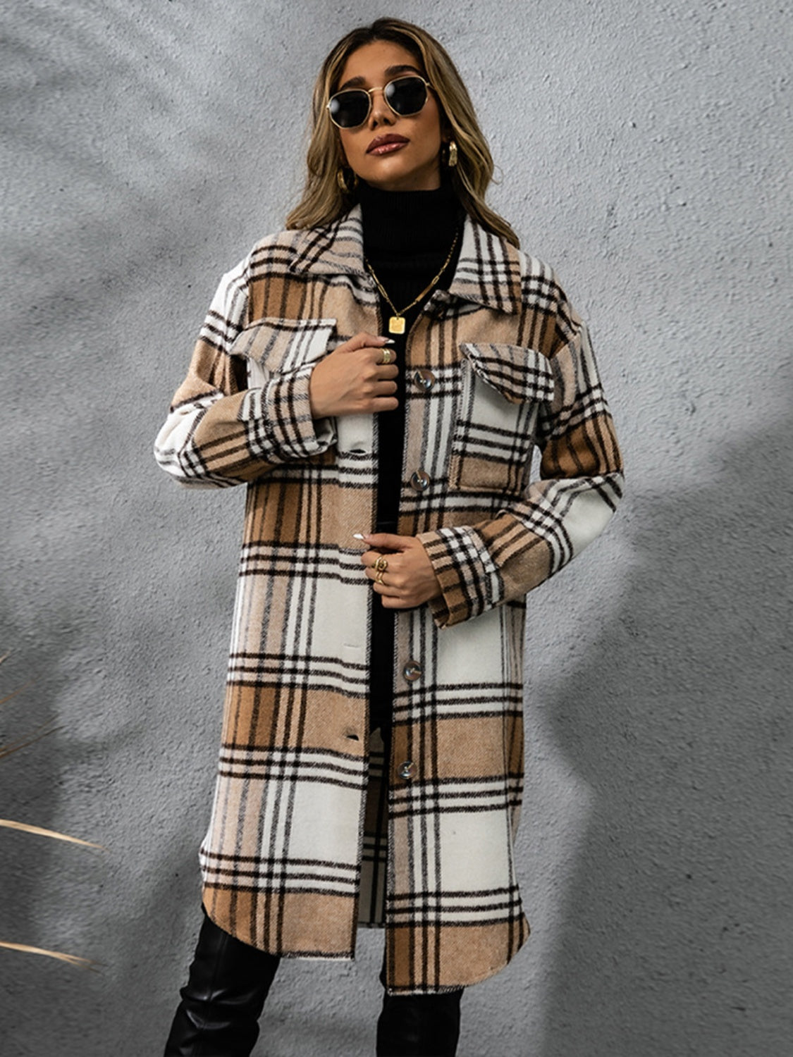 Chic plaid collared long sleeve coat in brown and white, featuring a button-up front and stylish pockets for warm layering.