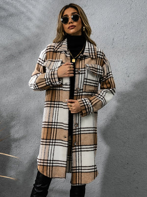 Chic plaid collared long sleeve coat in brown and white, featuring a button-up front and stylish pockets for warm layering.