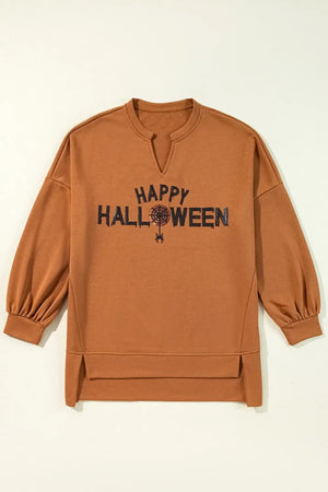 Happy Halloween long sleeve sweatshirt in brown with sequins and high-low sheer design, perfect for festive wear.