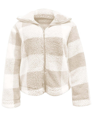 Cozy full size plaid zip-up long sleeve jacket in beige and white, perfect for layering on chilly days.