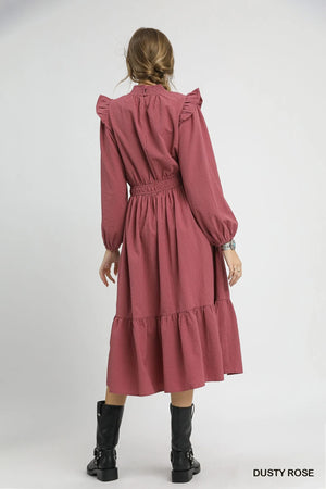 Umgee textured midi dress in dusty rose with ruffle shoulder detail and cinched waist, perfect for any occasion.