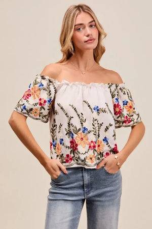 Floral Embroidered Two Way Off The Shoulder Blouse for women's stylish wear, perfect for day-to-night transitions.