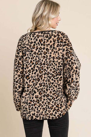 Back view of the stylish Leopard Faux Fur Round Neck Top showcasing its chic leopard print design.