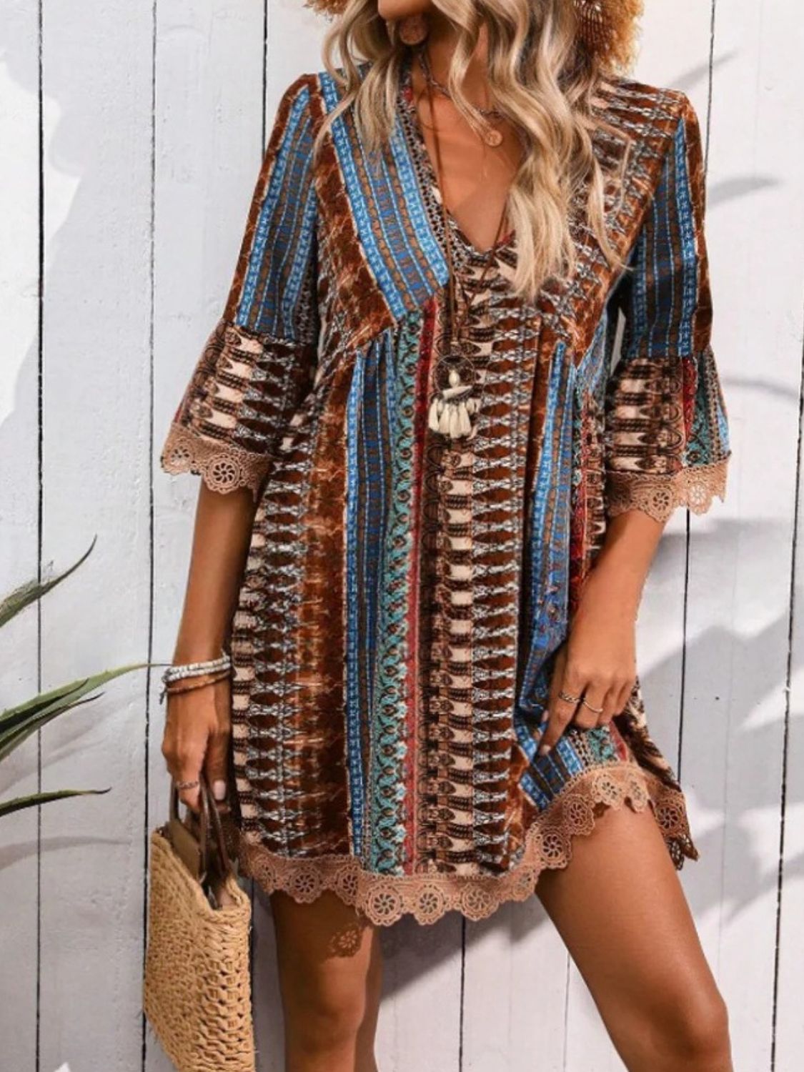 Lace Trim Printed V-Neck 3/4 Sleeve Dress with colorful pattern, perfect for casual outings and summer events.