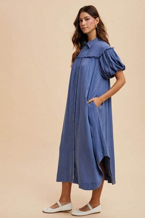 Annie Wear Mineral Washed Button Down Puff Sleeve Shirt Dress in blue, featuring puff sleeves and a stylish button-down design.