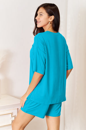 Basic Bae soft rayon half sleeve top and shorts set in turquoise, perfect for casual wear or lounging.