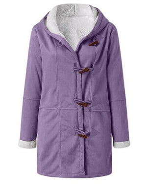 Full size pocketed long sleeve hooded toggle jacket in lavender with buttoned front and cozy lining.