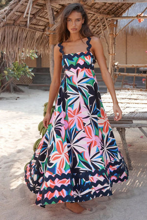 Colorful printed square neck wide strap dress in floral design, ideal for summer outings.
