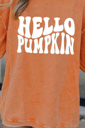 HELLO PUMPKIN graphic sweatshirt in orange, casual style with round neck and long sleeves, perfect for autumn fashion.