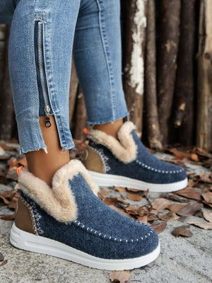 Furry suede round toe flat sneakers in navy with faux fur lining, stylish and comfortable for casual wear.