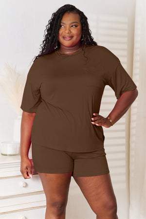 Basic Bae soft rayon half sleeve top and shorts set in brown, perfect for casual outings or lounging at home.