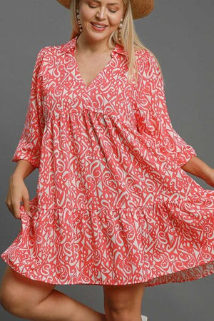 Umgee boho print balloon sleeve tiered dress in coral with a playful design, perfect for trendy summer outfits.