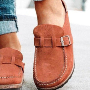 Round toe low heel buckle loafers in rust color, showcasing a casual style perfect for everyday wear.