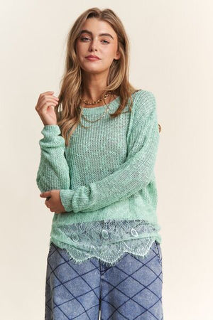 Model wearing J.NNA lace detail long sleeve knit top in mint green with a relaxed fit and layered lace hem.