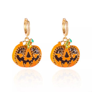 Halloween Pumpkin Drop Earrings in 18K Gold-Plated with sparkling rhinestones and vibrant orange enamel.