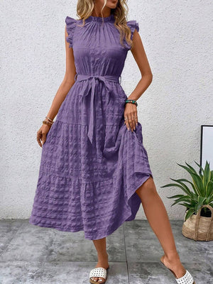 Tied ruffled cap sleeve midi dress in purple, featuring a cinched waist and flowing skirt, perfect for summer outings.