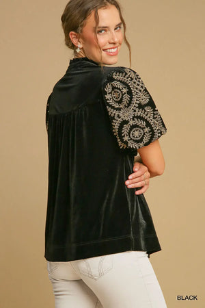 Umgee plus size velvet blouse with embroidered sleeves, perfect for casual or dressy occasions.