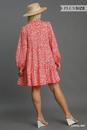 Plus size Umgee two-tone boho print balloon sleeve tiered dress in coral mix, perfect for a trendy summer look.