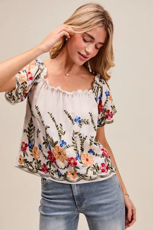 Model wearing a floral embroidered two way off the shoulder blouse featuring colorful flowers and ruffled sleeves.