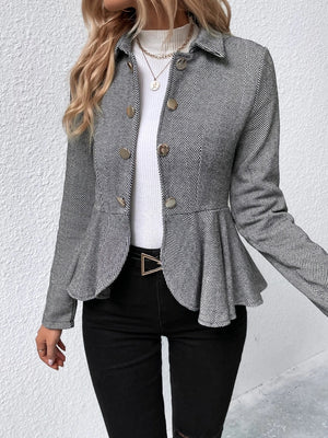 Stylish Ruffle Hem Collared Blazer in gray, featuring a peplum design, paired with a white top and black jeans.