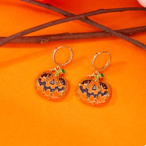 Halloween pumpkin drop earrings in 18K gold-plated design with rhinestones, perfect for festive fall fashion.