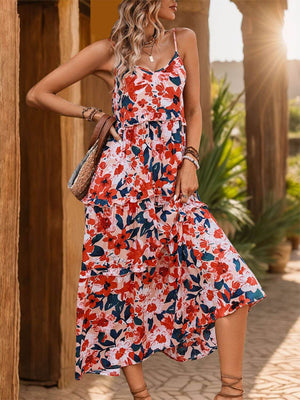 Frill backless printed sleeveless midi dress in colorful floral design, perfect for summer outings.