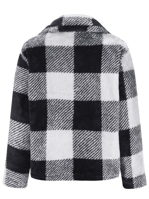 Back view of Full Size Plaid Zip Up Long Sleeve Jacket in black and white checked pattern, perfect for chilly days.