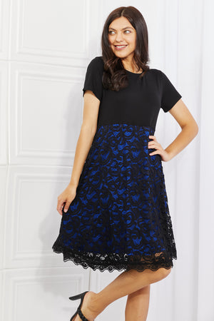 Yelete Full Size Contrasting Lace Midi Dress with black top and blue lace skirt, perfect for elegance and comfort.
