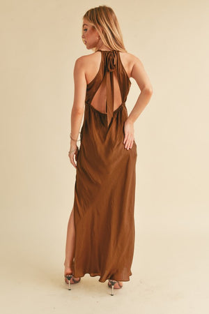 Back view of Aemi + Co Ruched Side Slit Cutout Back Maxi Cami Dress in brown, showcasing elegant design and side slit.