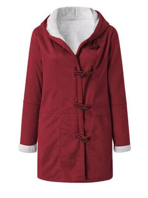 Full size pocketed long sleeve hooded toggle jacket in burgundy, featuring buttoned front and cozy interior.