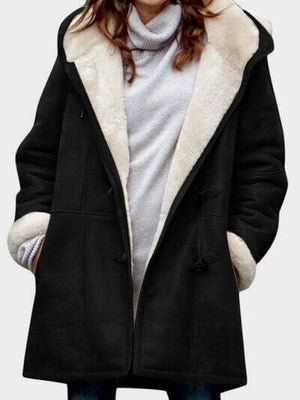 Stylish full-size pocketed long sleeve hooded toggle jacket with fur lining, perfect for cool weather.