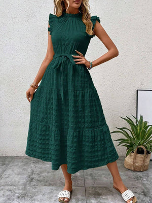 Tied ruffled cap sleeve midi dress in deep green, featuring a tiered design and cinched waist, perfect for summer outings.