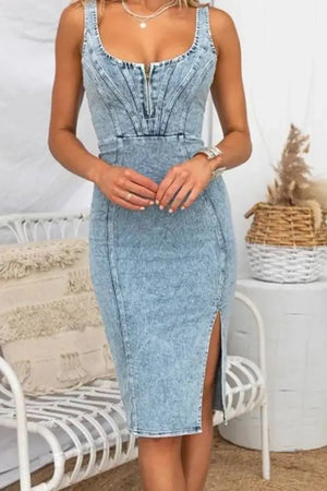 Side slit washed scoop neck denim dress for women, stylish and fitted, perfect for casual outings.